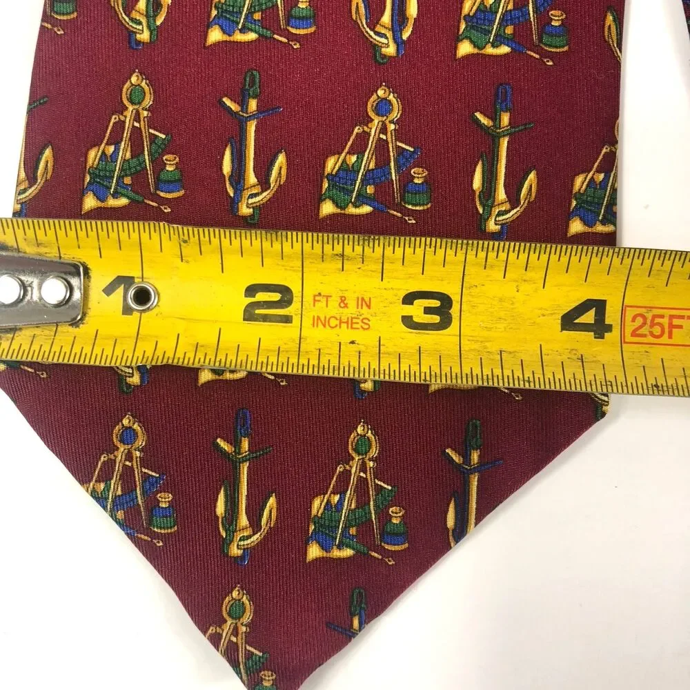 Tommy Hilfiger Silk Tie Maroon Nautical Crest Anchor Compass Print Made in USA